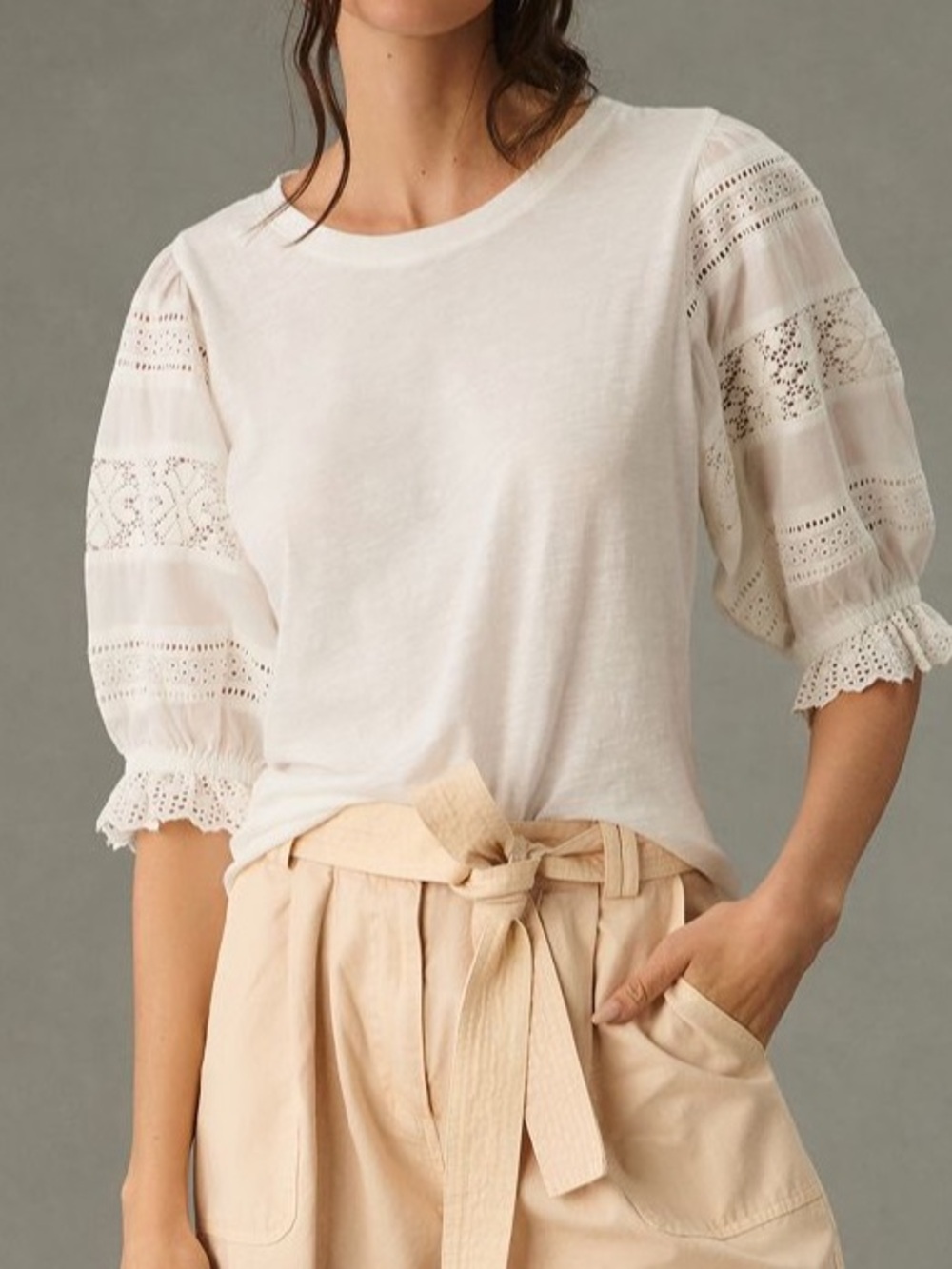 XS Petite Anthropologie Lace Appliqué Tee Shirt T-Shirt Top Eyelet Blouse White